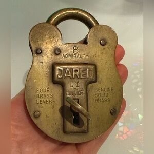 Antique Jared Solid Brass #8 Admiralty Lock w/1 Key Old JAS, MORGAN & SONS